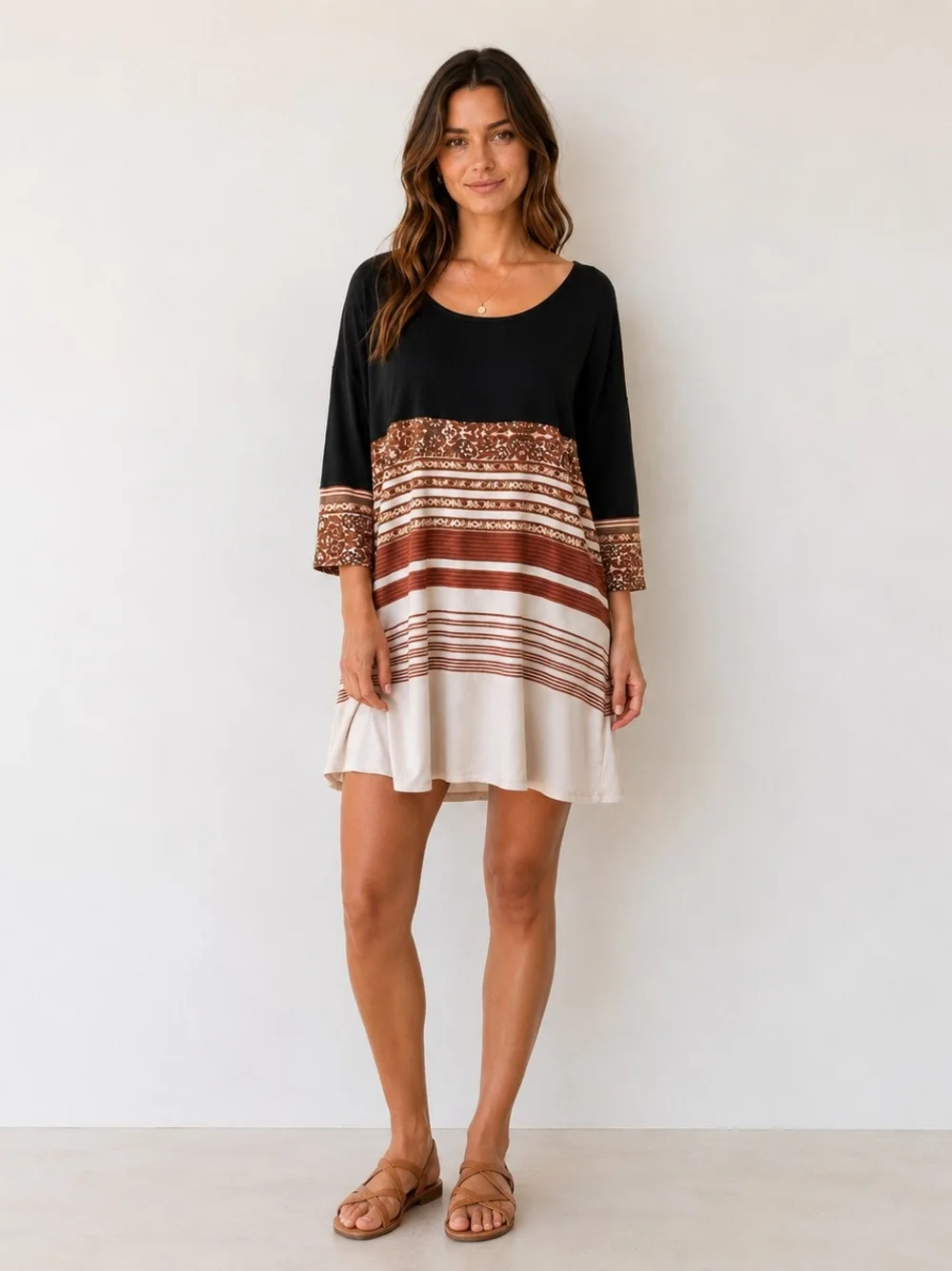 Free People Black, Brown and Cream Striped Scoop-Neck Mini Dress